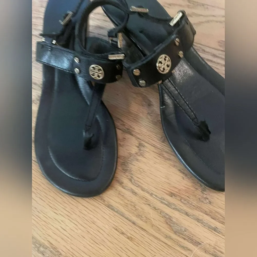 Tory Burch Robinson Demi Wedge Heel Sandal Slingback Black Gold 8.5